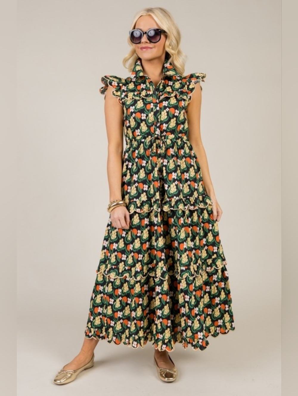 Scallop Trim Floral Maxi, Black - Picture 2 of 9